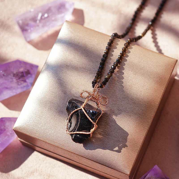 Olivenorma Natural Crystal Rough Handmade Pendant Necklace - Obsidian&Smoky Quartz - image 7