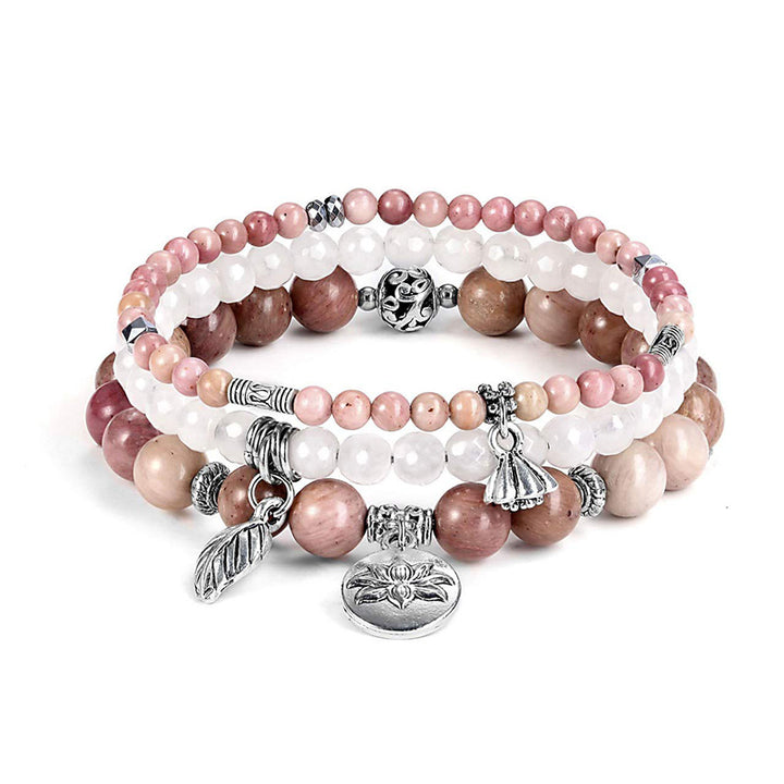 Olivenorma Rhodochrosite Lotus Symbol 3 - Piece Bracelet - Rhodochrosite&Rose Quartz - image 0