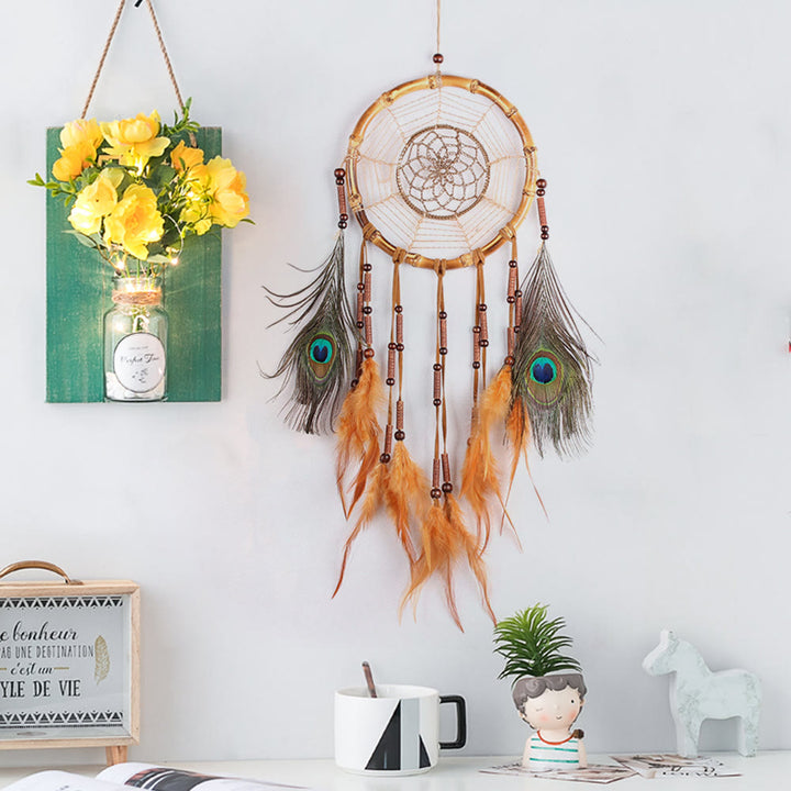 Olivenorma Hand Woven Natural Wooden Beads Feather Dream Catcher - Bronzite & Brown Feathers - image 0