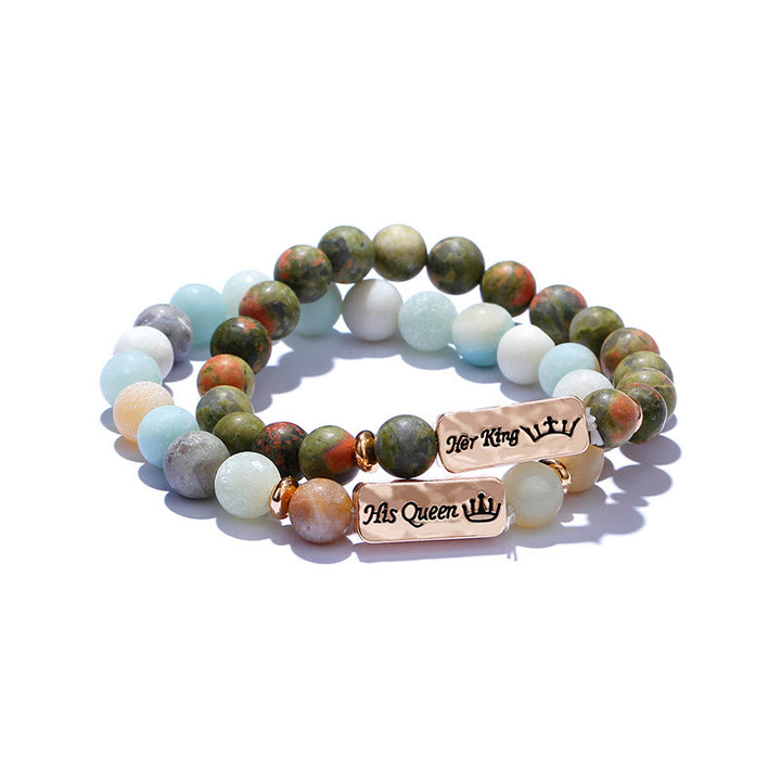 Olivenorma Natural Gemstone Her King /His Queen 2 Piece Engraving Bracelet - Amazonite&Unakite - image 0