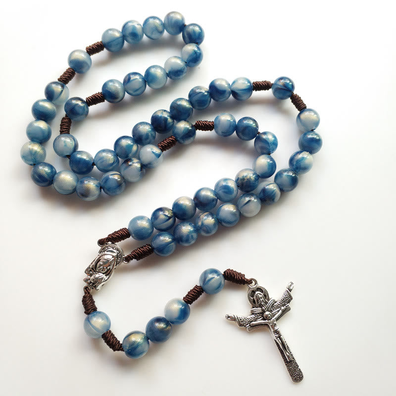 Olivenorma Blue Cat's Eye Stone Jesus Cross Rosary Necklace - image 5