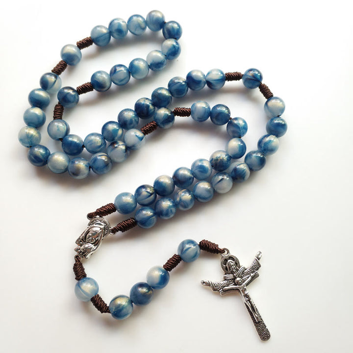 Olivenorma Blue Cat's Eye Stone Jesus Cross Rosary Necklace - image 5
