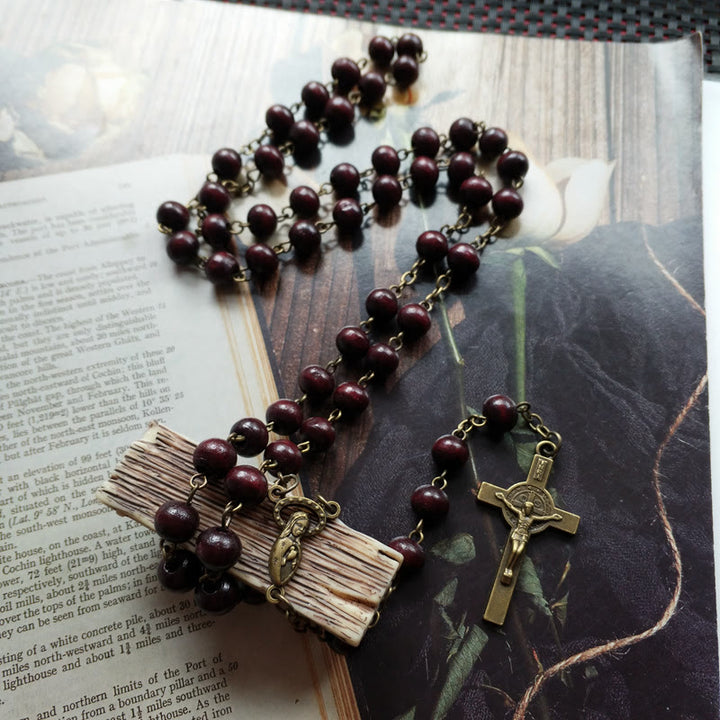 Olivenorma Wood Rosary Copper Cross Pendant Necklace - Wood Rosary&Cross - image 0