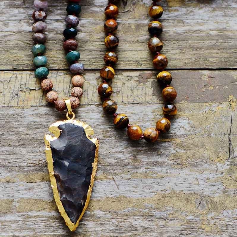 Olivenorma Tiger Eye Obsidian Stone Arrowhead Pendant Mala Necklace - image 3