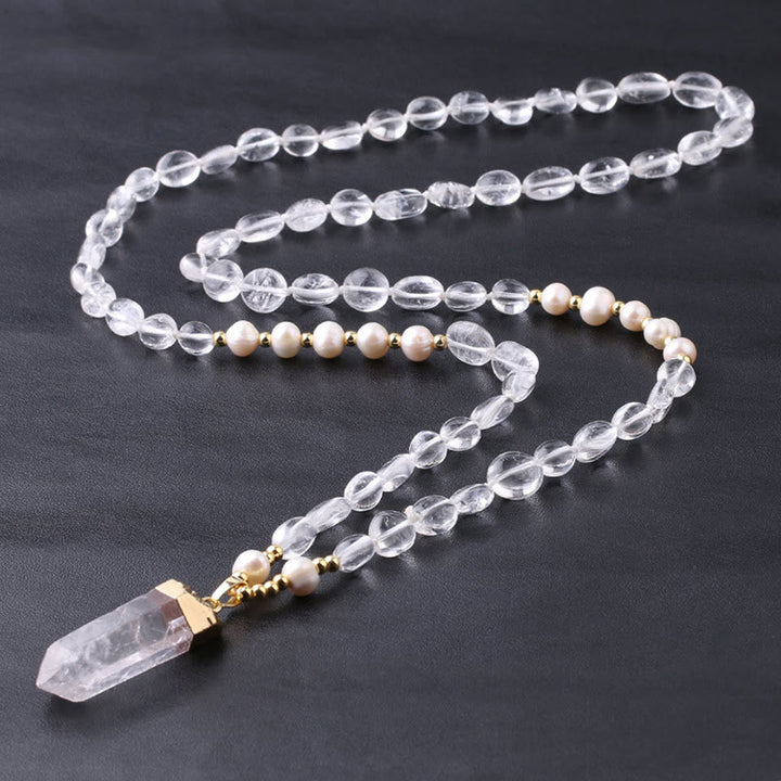 Olivenorma Irregular Crystal Column Pendant Long Necklace - Clear Crystal&Freshwater Pearl - image 5