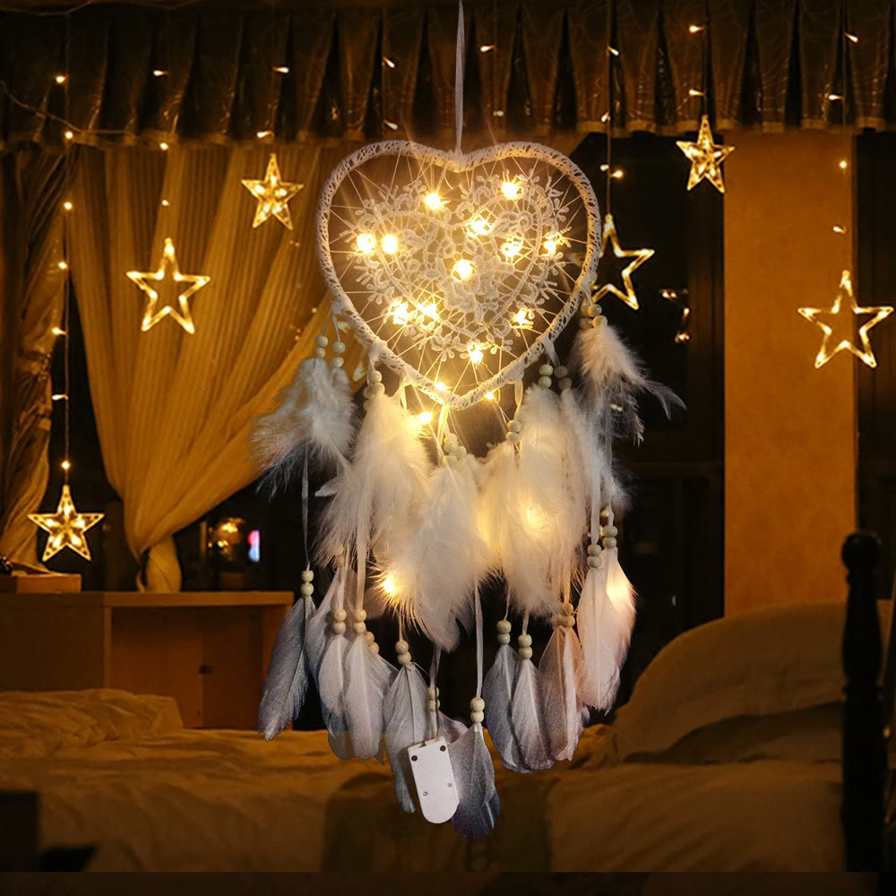 Olivenorma Braided Heart Shape White Feather Dream Catcher - White with Light - image 0