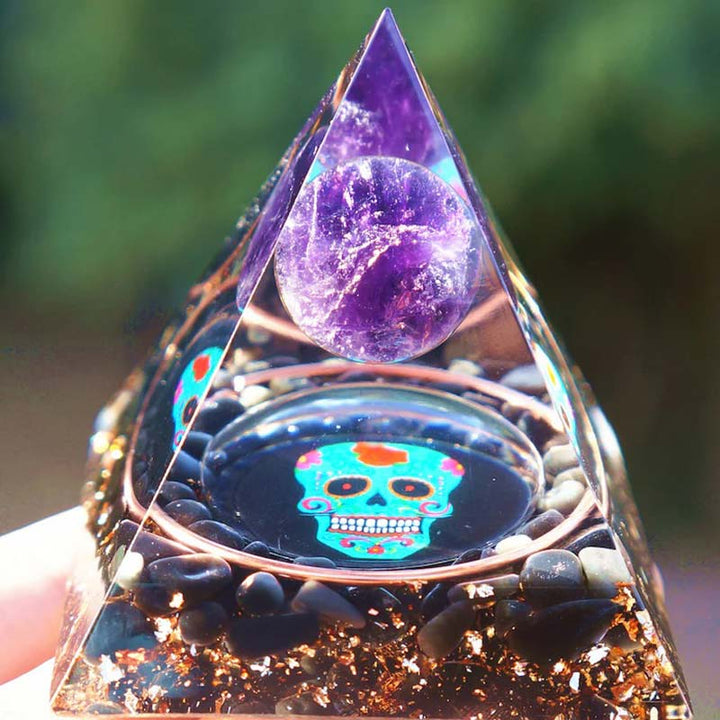 Olivenorma Amethyst&Obsidian Skull Symbol Orgone Pyramid - image 1