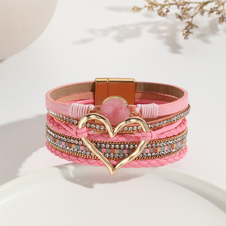 Olivenorma Multicolor Crystal Cluster Metallic Heart Braided Leather Bracelet - Pink - image 2
