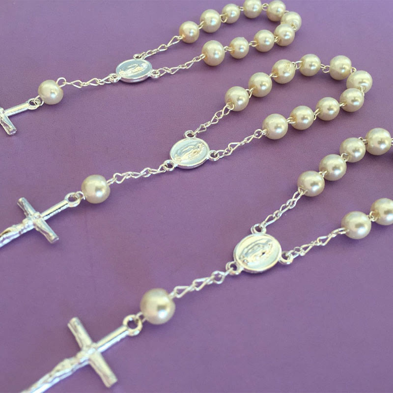 Olivenorma Pearl Cross Virgin Mary Rosary Bracelet - Silver & Pearl - image 4