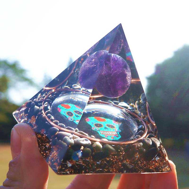 Olivenorma Amethyst&Obsidian Skull Symbol Orgone Pyramid - image 2