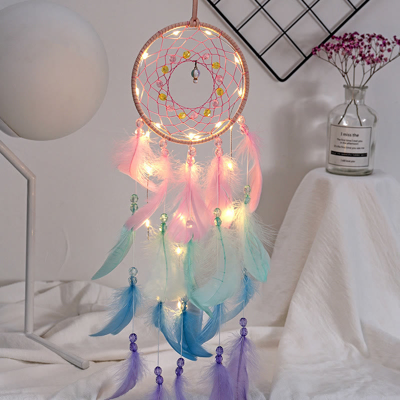 Olivenorma Colorful Acrylic Bead Feather Handmade Dream Catcher - With Lights - image 0