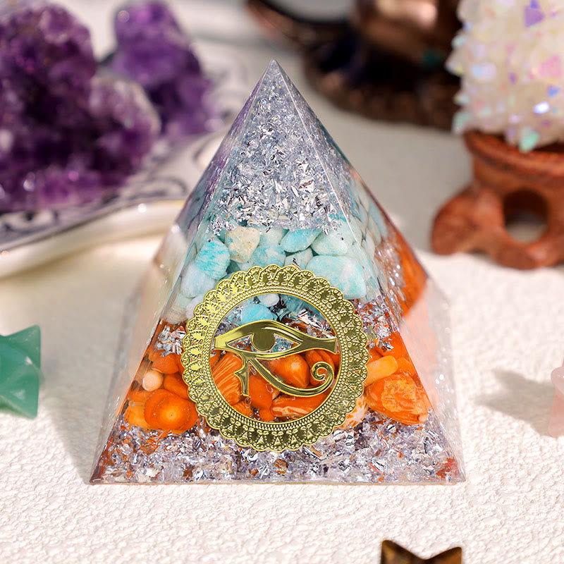 Olivenorma Amazonite Red Coral Eye Of Horus Orgone Pyramid - image 1