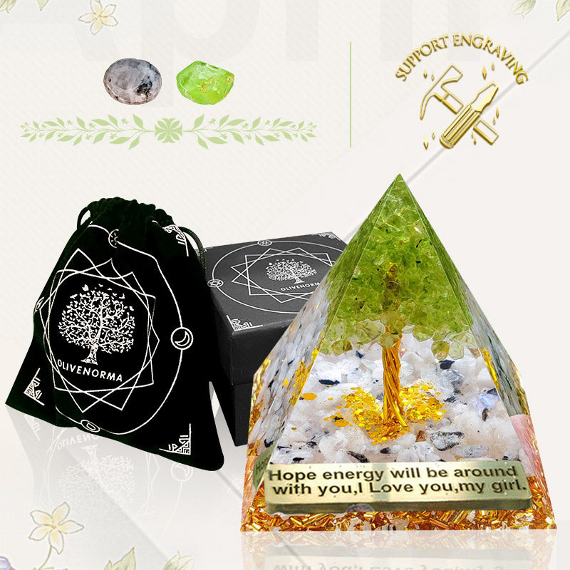 Olivenorma Moonstone with Peridot Tree Of Life Orgone Pyramid - image 2