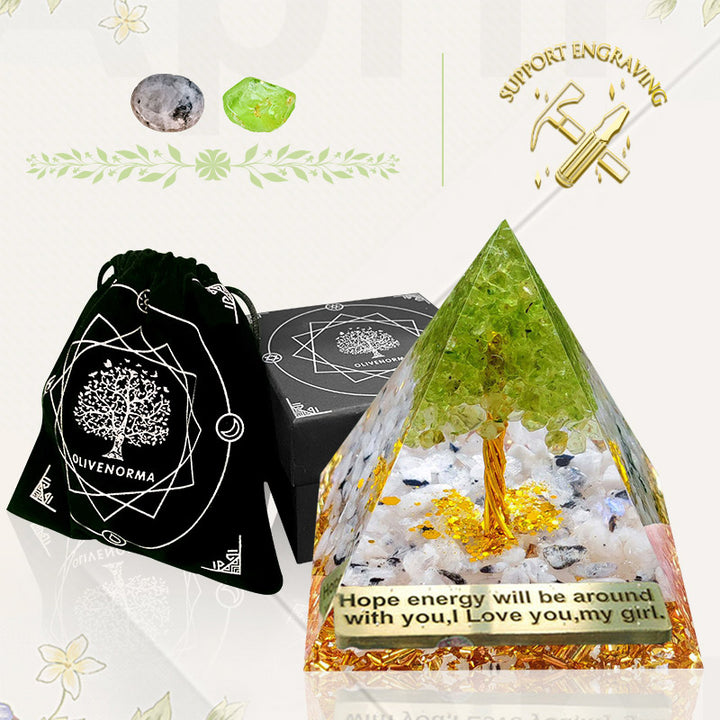 Olivenorma Moonstone with Peridot Tree Of Life Orgone Pyramid - image 2