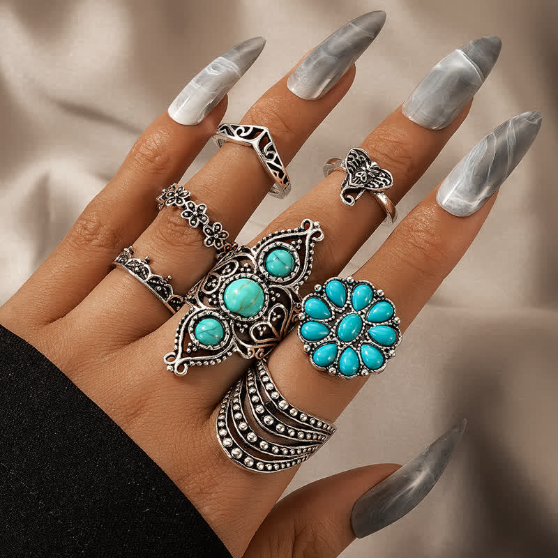 Retro Turquoise 7 - Piece Rings Set - Turquoise - image 0