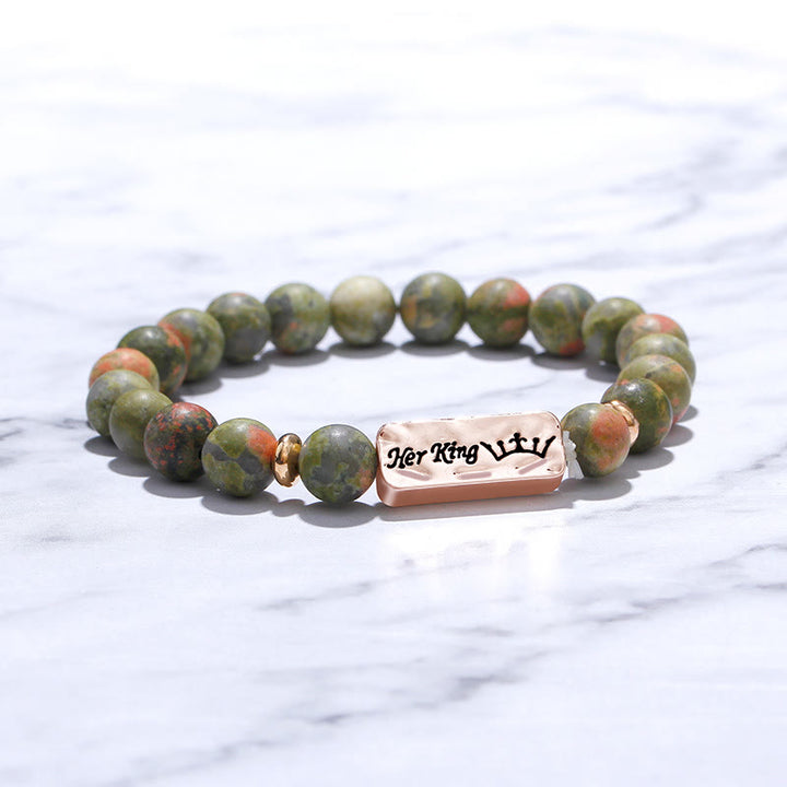 Olivenorma Natural Gemstone Her King /His Queen 2 Piece Engraving Bracelet - image 4