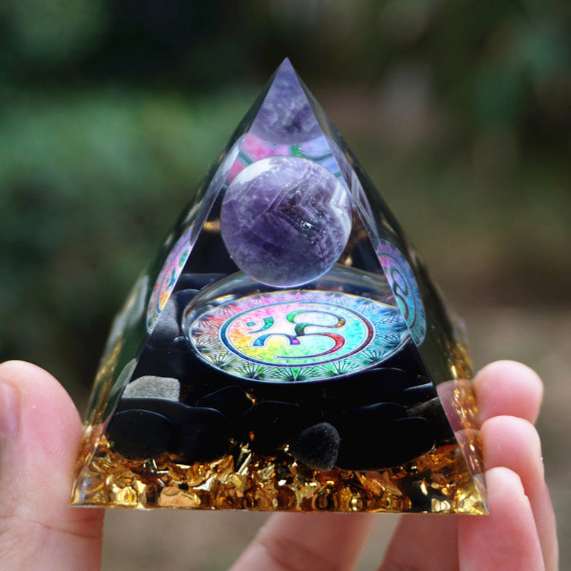 Olivenorma Natural Amethyst With Obsidian OM Symbol Orgone Pyramid - 6*6cm - YES PLEASE $8 - image 0