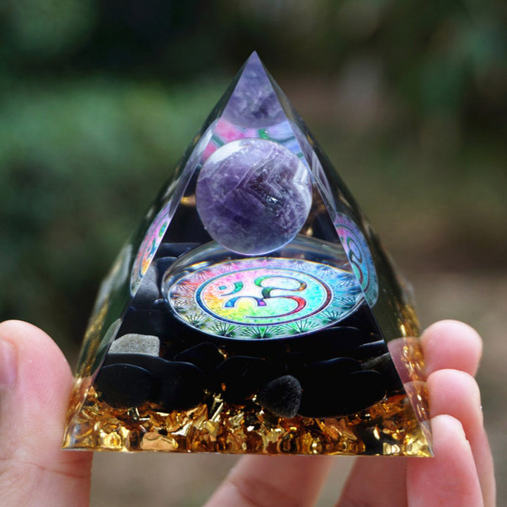 Olivenorma Natural Amethyst With Obsidian OM Symbol Orgone Pyramid - 6*6cm - YES PLEASE $8 - image 0
