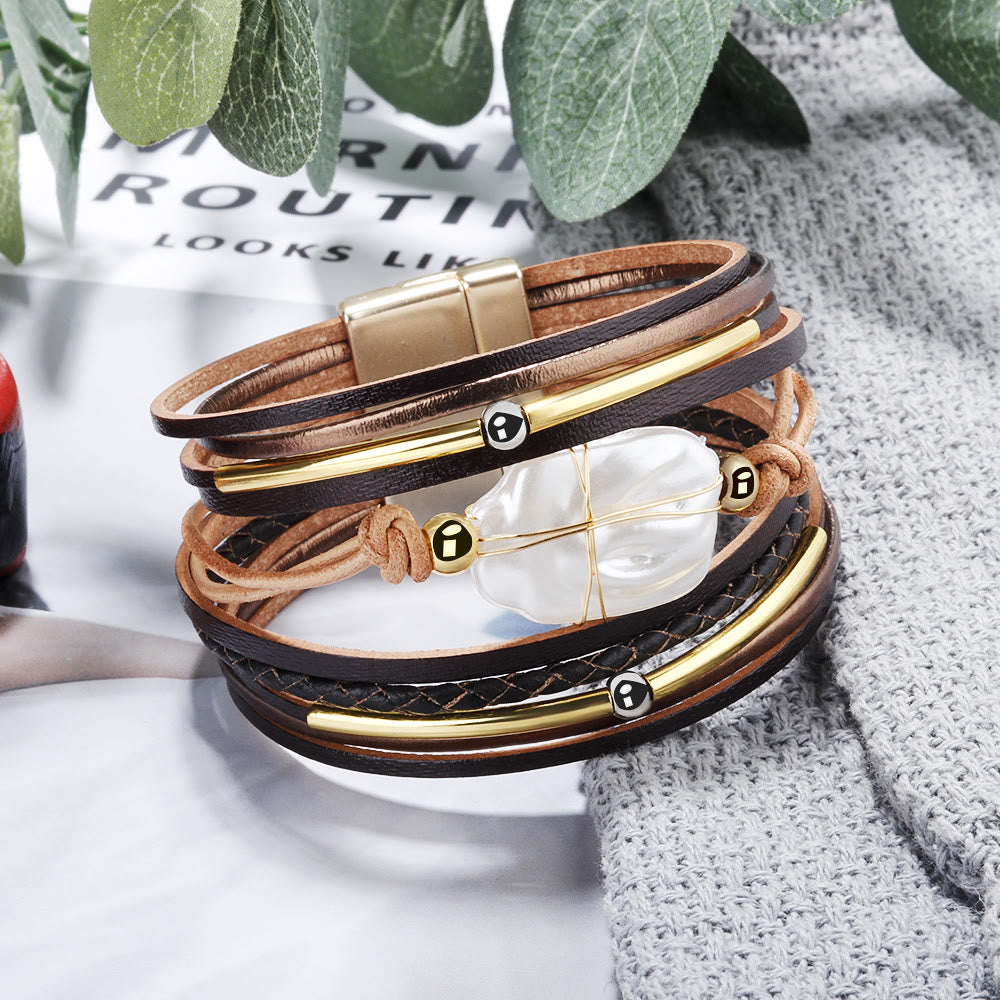 Olivenorma Natural Freshwater Pearl Braided Leather Bracelet - image 2