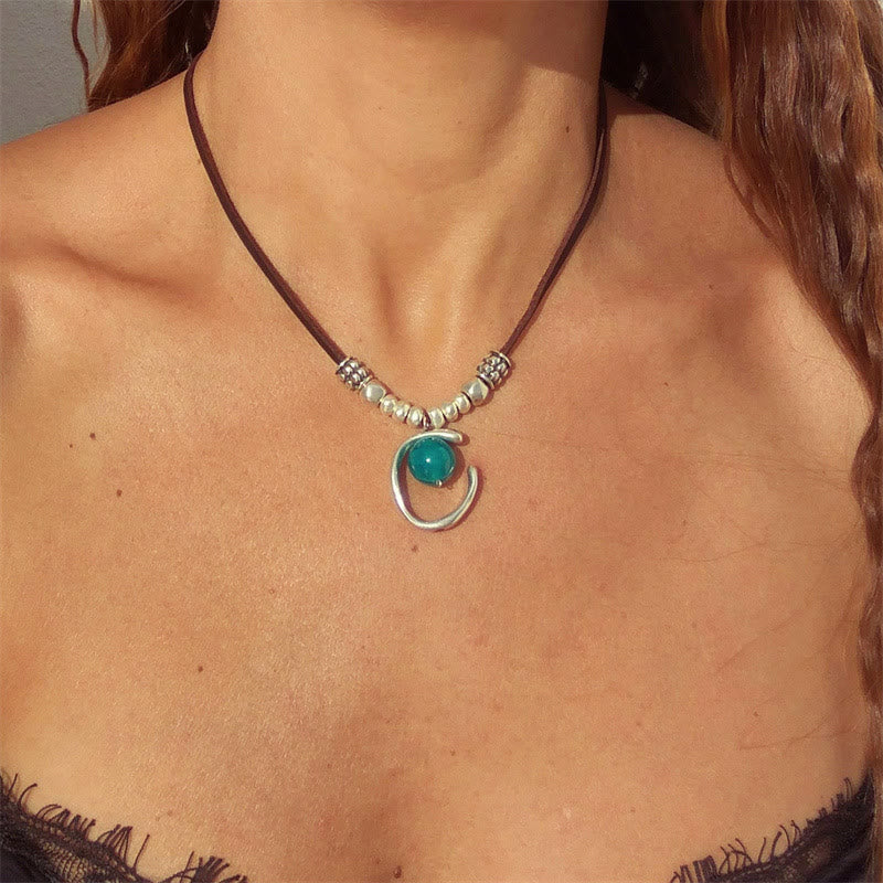 Olivenorma Aquamarine Half Ring Pendant Leather Rope Necklace - Aquamarine - image 0