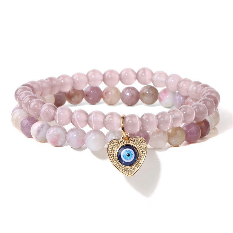 Olivenorma Cat's Eye Stone Evil Eye Pendant Double Layer Bracelet - image 1