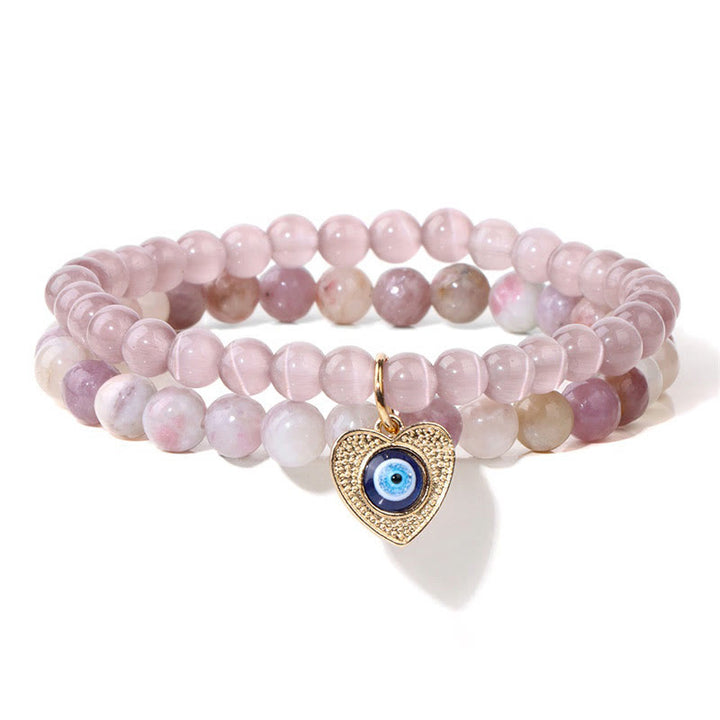 Olivenorma Cat's Eye Stone Evil Eye Pendant Double Layer Bracelet - image 1