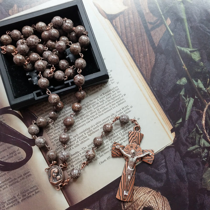 Olivenorma Snowflake Obsidian Jesus Cross Rosary Necklace - image 1