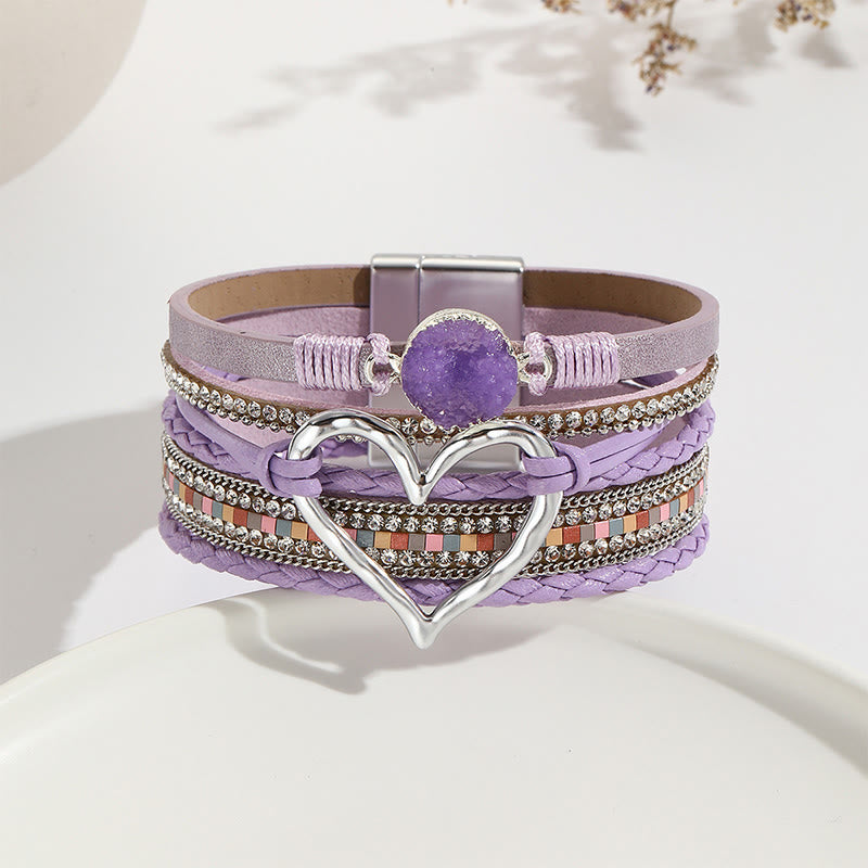 Olivenorma Multicolor Crystal Cluster Metallic Heart Braided Leather Bracelet - Purple - image 13