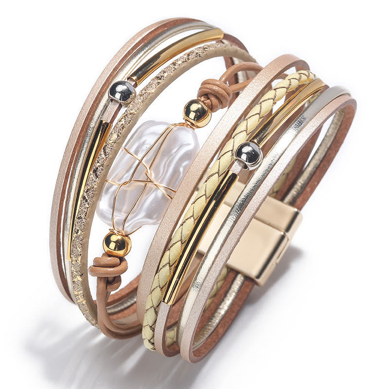 Olivenorma Natural Freshwater Pearl Braided Leather Bracelet - Khaki - image 7