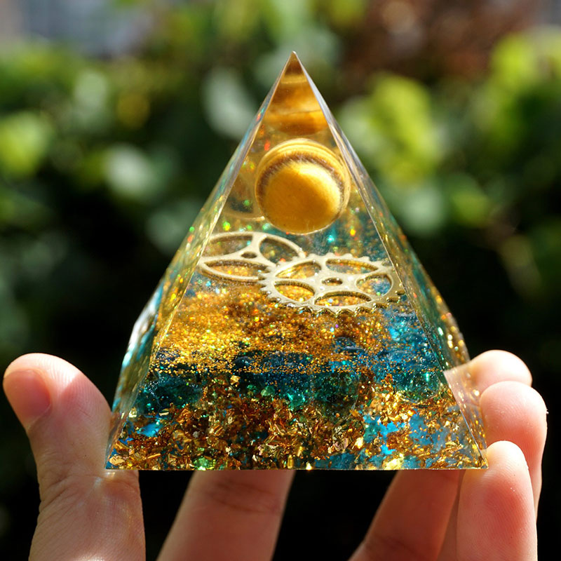 Tiger Eye Sphere With Blue Quartz Orgone Pyramid  - image 1