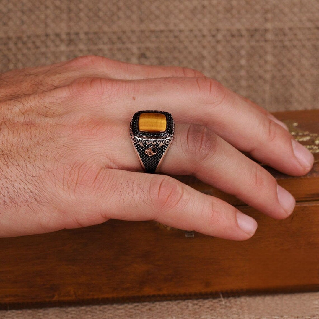 Olivenorma Metal Engraved Tiger Eye Men's Ring - image 1