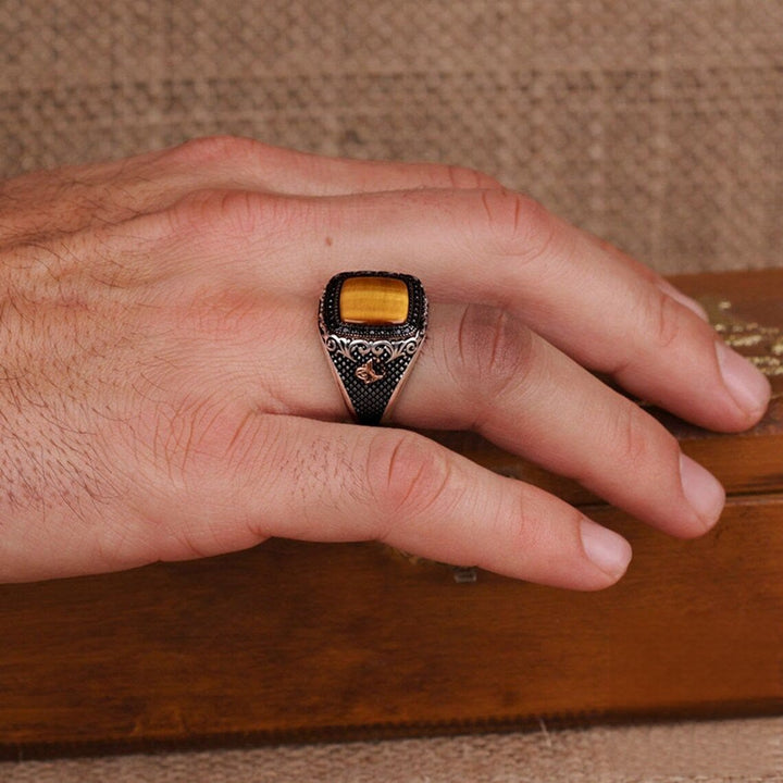 Olivenorma Metal Engraved Tiger Eye Men's Ring - image 1