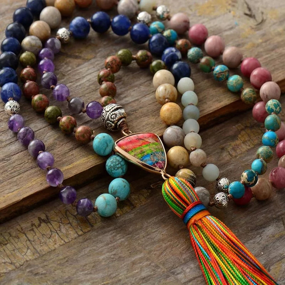 Olivenorma Gorgeous Natural Stones Chakra Triangle Pendant Mala Necklace - image 2