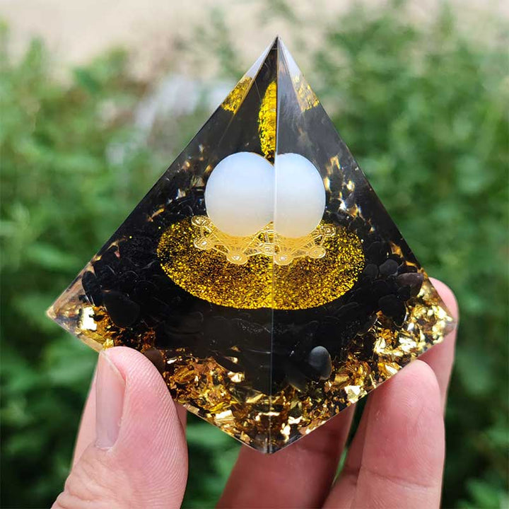 Olivenorma White Agate Sphere with Obsidian Orgone Pyramid - image 1