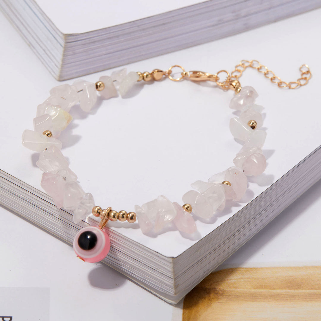 Olivenorma Natural Crystal Gravel Evil Eye Pendant Bracelet - Rose Quartz - image 15