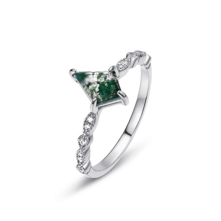 Olivenorma Diamond Moss Agate White Zircon Four Prong Ring - Silver - 8 - image 5