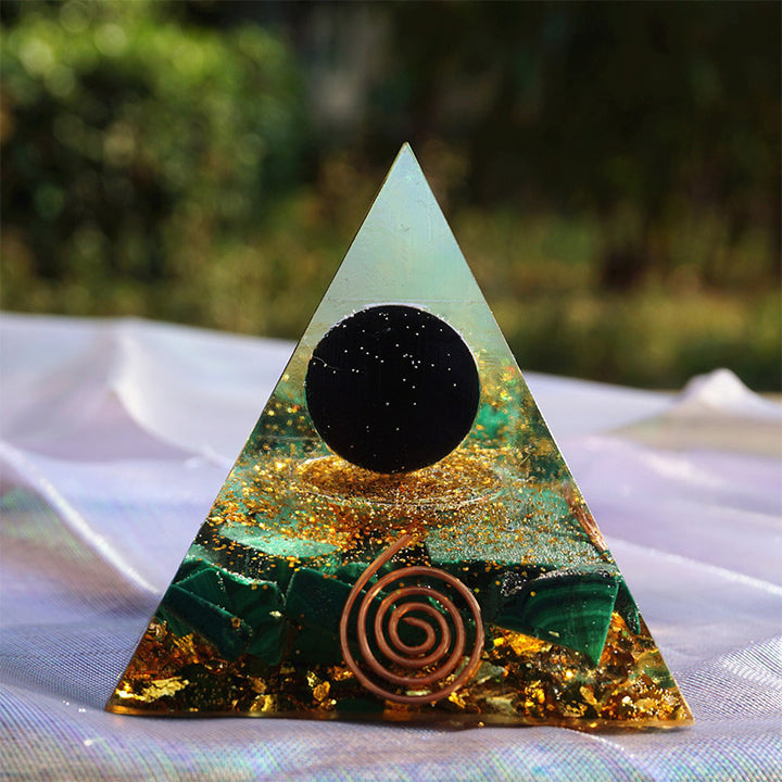 Olivenorma Malachite With Obsidian Sphere Orgone Pyrammid - image 5
