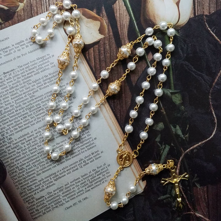 Olivenorma Faux Pearl Cross Pendant Rosary Beads Necklace - Pearl&Cross - image 0