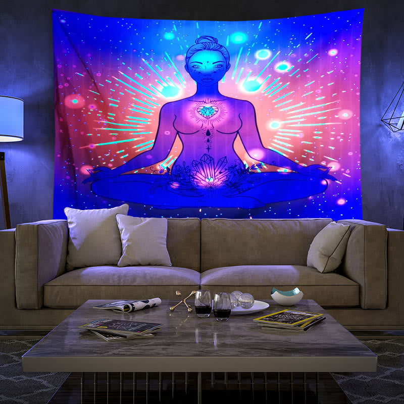 Olivenorma Blacklight UV Reactive Wall Tapestry - Meditation & Crystal Energy - Flannel - 180*230cm - image 5