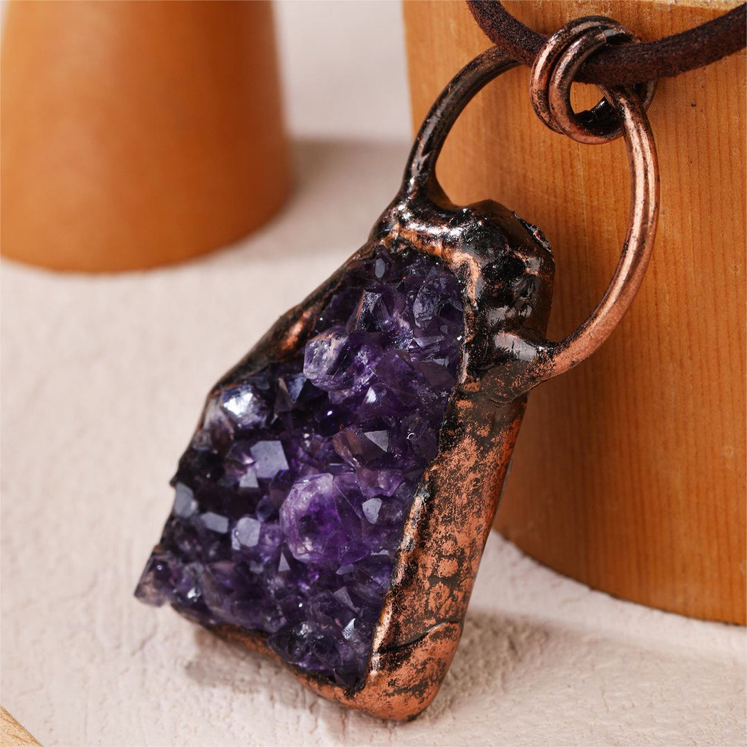 OlivenormaNatural Rough Stone Irregular Pendant Leather Rope Necklace - Amethyst - image 16