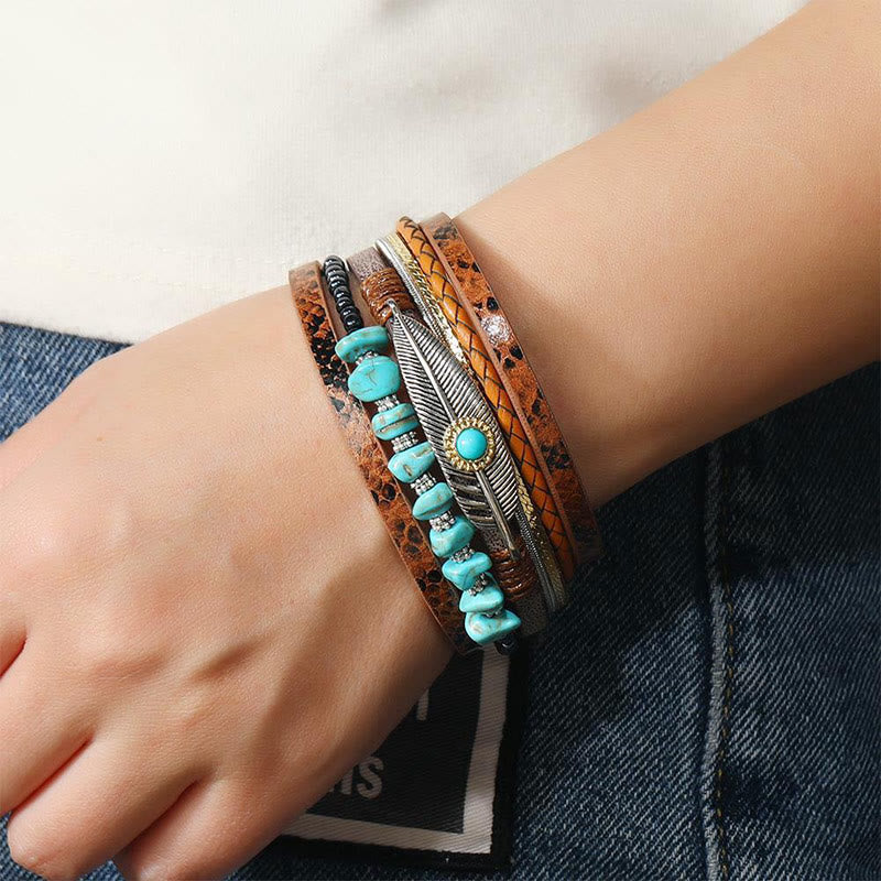 Olivenorma Brown Vintage Turquoise Multi-layer Leather Bracelet - image 2