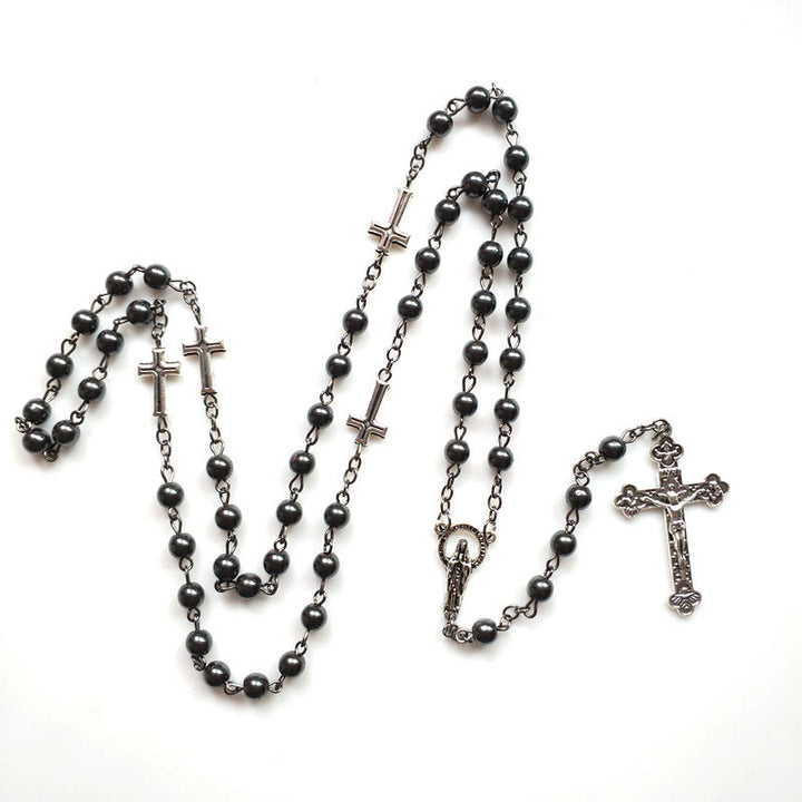 Olivenorma Hematite Jesus Medal Cross Rosary Necklace - image 3