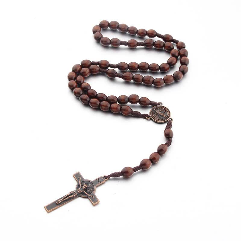 Olivenorma Knitted Vintage Cross Wood Rosary Necklace - Brown - image 4