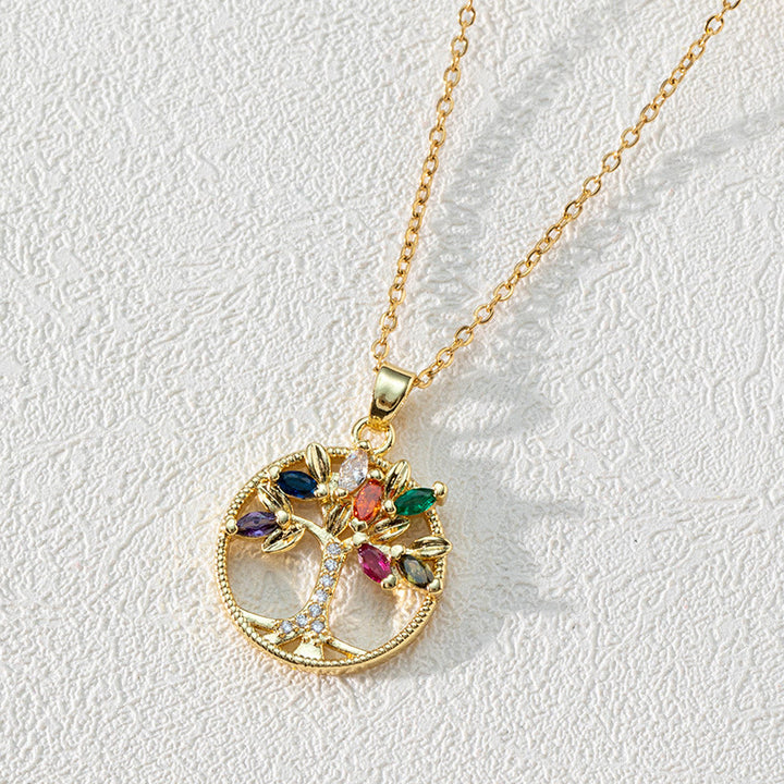 Olivenorma Zircon Round Hollow Tree of Life Pendant Clavicle Necklace - White and Colored Zircon Tree of Life - image 6