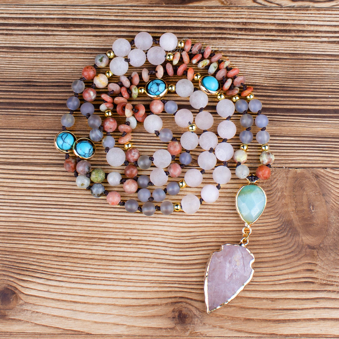 Natural Rose Quartz Mala Prayer Arrowhead Pendant Necklace - Rose Quartz Pendant - image 0