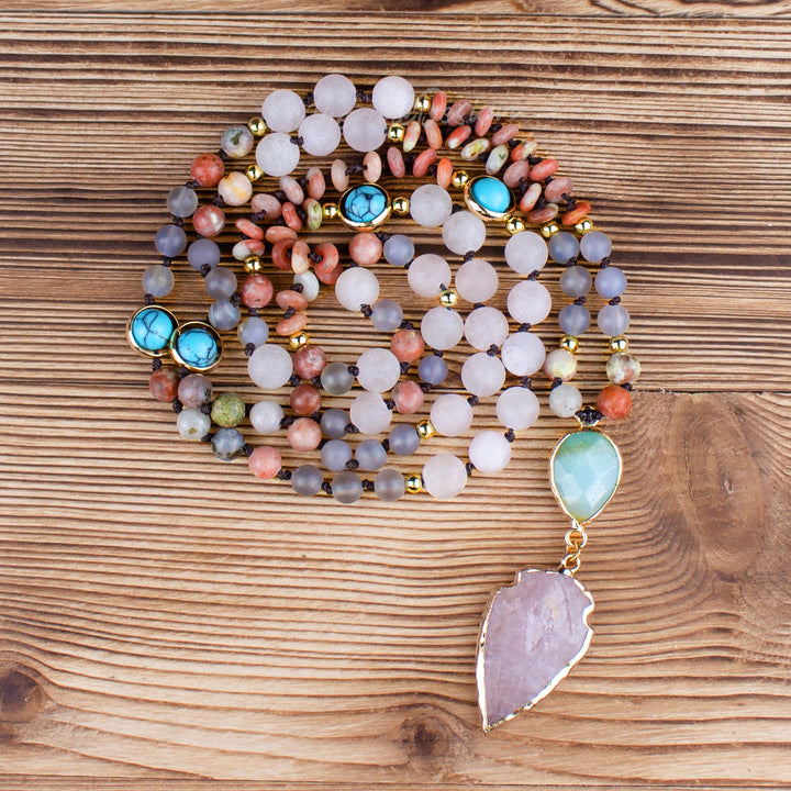 Natural Rose Quartz Mala Prayer Arrowhead Pendant Necklace - Rose Quartz Pendant - image 0