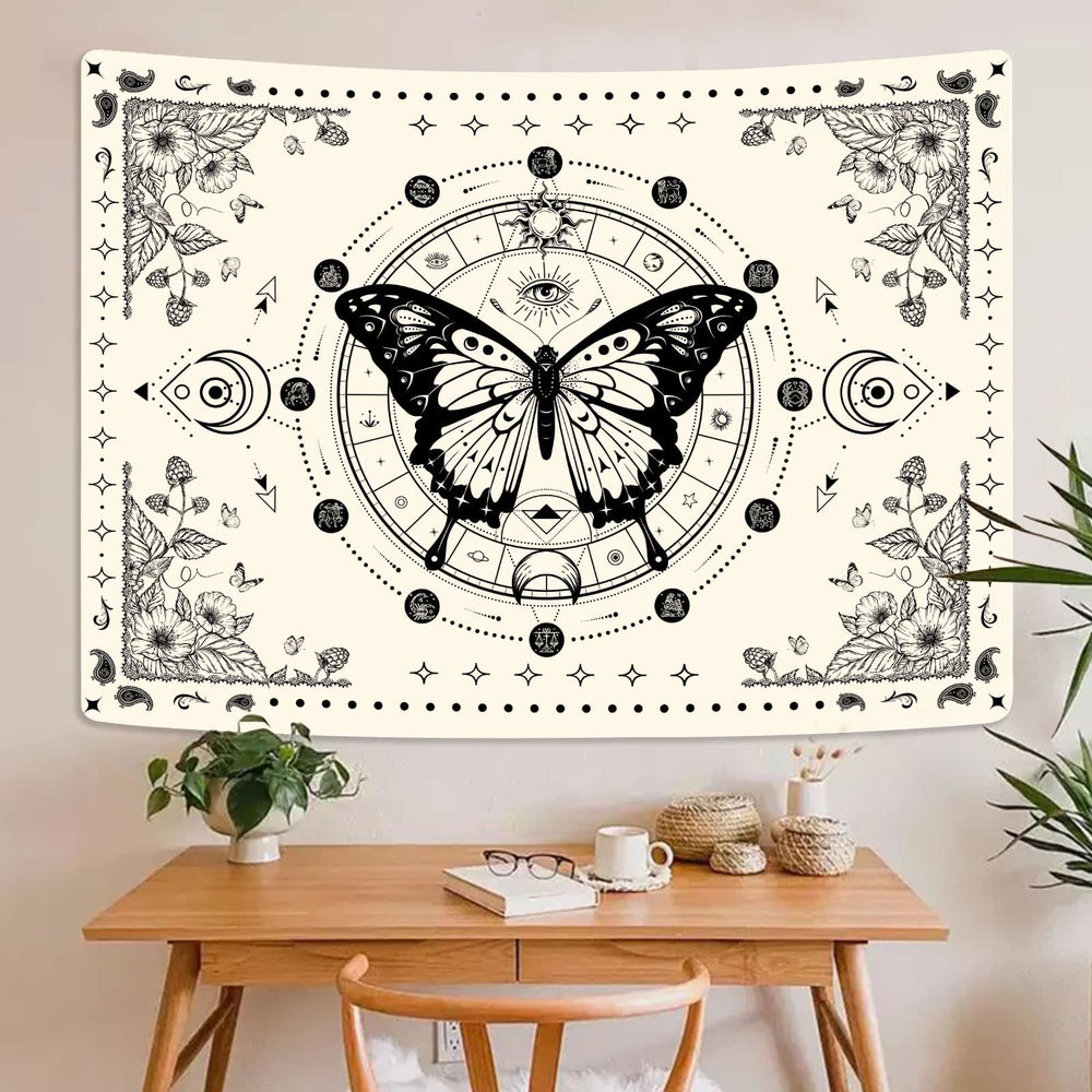 Olivenorma Black Butterfly Moon Flower Beige Tapestry - image 1