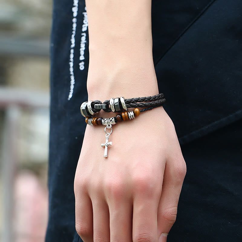 Olivenorma Adjustable Multi Layered Braided Woven Leather Cross Bracelet - image 1