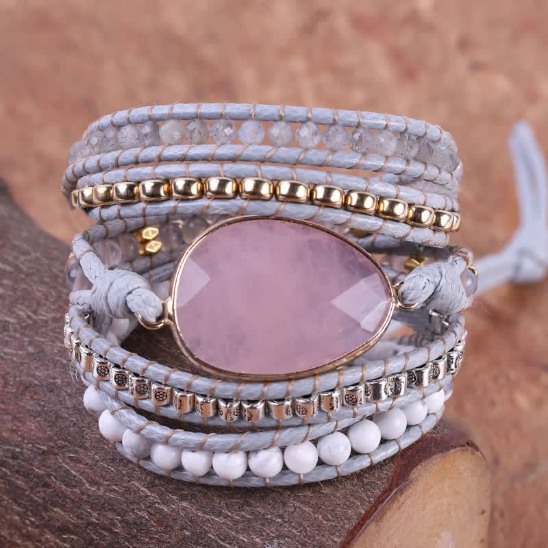 Olivenorma Delicate Rose Quartz & White Turquoise Hand-knitted Wrap Bracelet - image 1