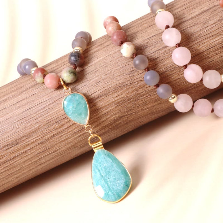 Natural Rose Quartz Mala Prayer Arrowhead Pendant Necklace - image 7